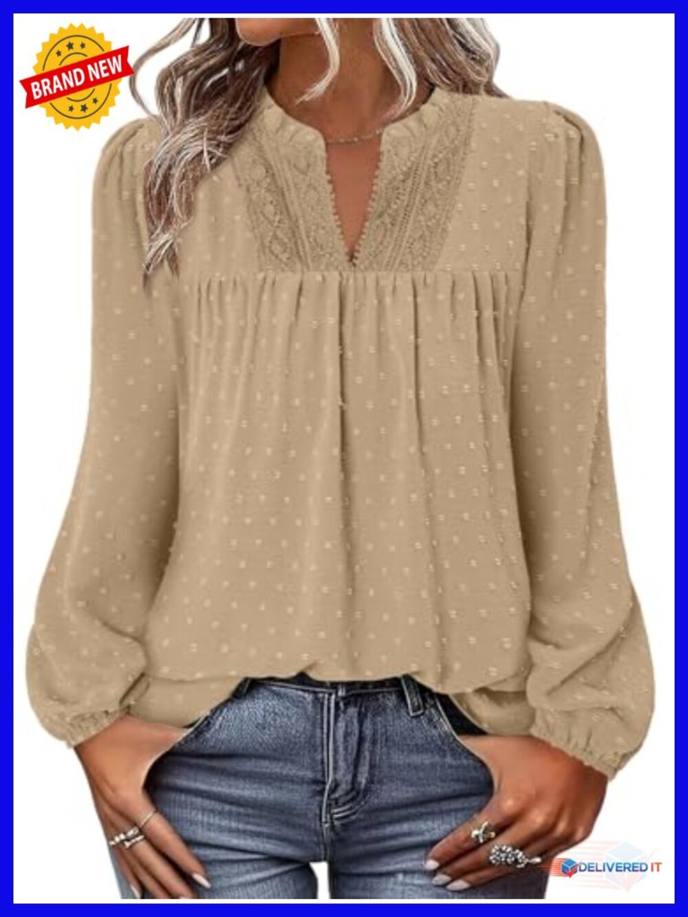 Women's Boho Swiss Dot V-Neck Long Sleeve Flowy Tunic Blouse Casual Fall Tops